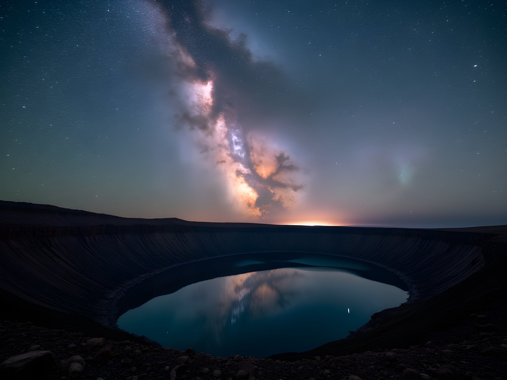 Milky Way galaxy visible over the silhouetted crater rim of Lagoa do Fogo in São Miguel at night