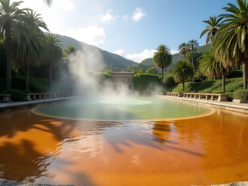 The historic iron-rich thermal pool at Terra Nostra Garden in Furnas, São Miguel, surrounded by lush tropical vegetation