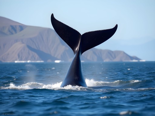 Sperm whale fluking with its tail above water during a whale watching tour off the coast of São Miguel