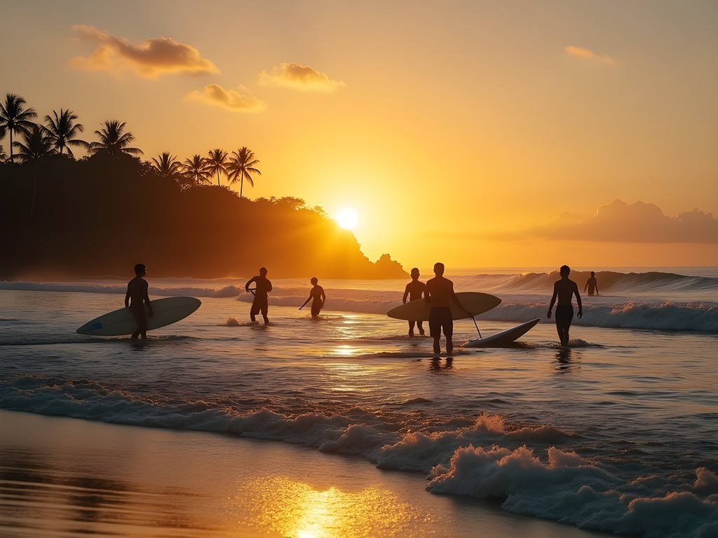 Surfers catching morning waves at Playa Tamarindo with golden sunrise