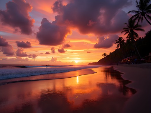 Sunset view of Tamarindo Beach with palm trees and colorful sky