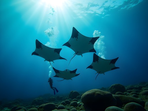 School of eagle rays swimming near diver at Catalina Islands, Costa Rica
