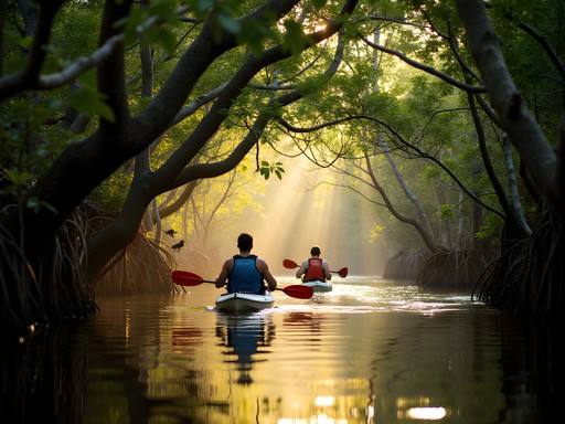 Kayaking through mangrove tunnels in Tamarindo estuary with wildlife