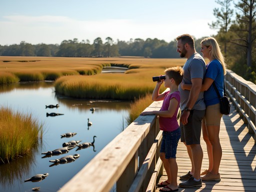 Family watching alligators from safe viewing platform at Circle B Bar Reserve