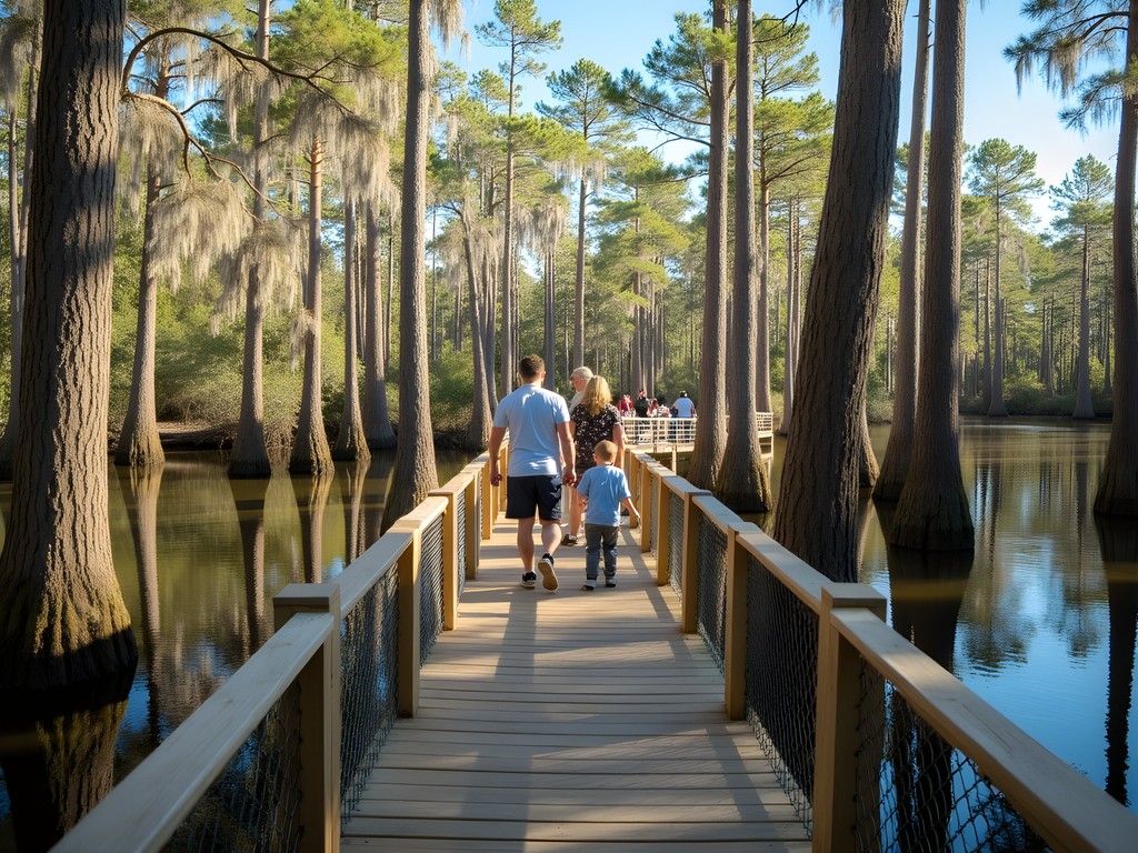 Family walking on elevated boardwalk through cypress swamp at Lettuce Lake Park