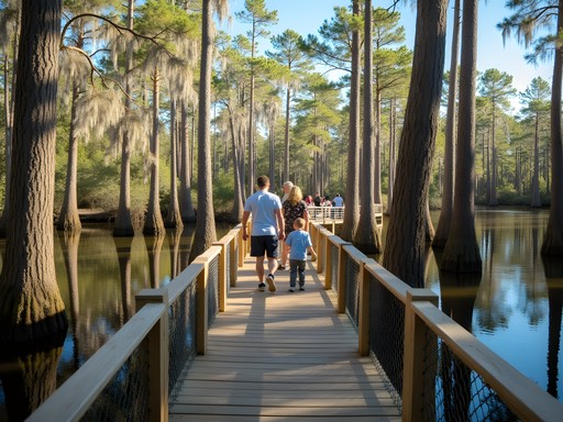 Family walking on elevated boardwalk through cypress swamp at Lettuce Lake Park