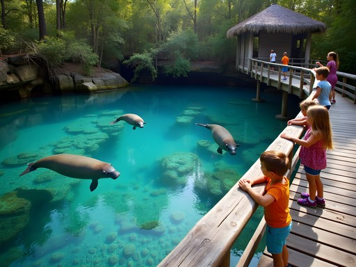 Family viewing manatees from boardwalk at Three Sisters Springs, Crystal River