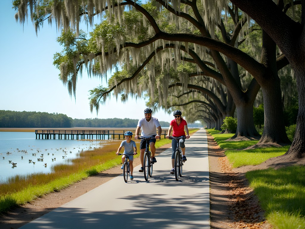 Family cycling on the Upper Tampa Bay Trail through oak hammocks