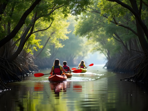 Family kayaking through green mangrove tunnels at Weedon Island Preserve