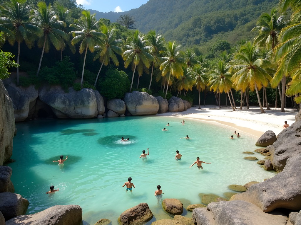 Swimmers in calm turquoise waters at La Piscina beach Tayrona National Park Colombia