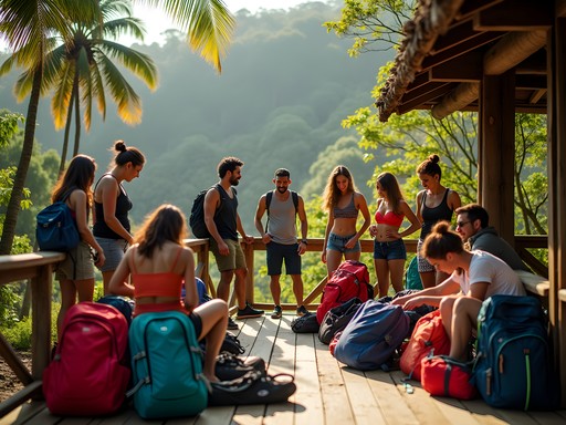 Group of hikers preparing backpacks and gear for camping in Tayrona National Park Colombia
