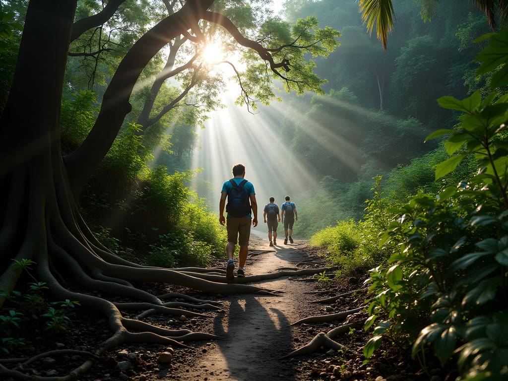 Hikers on jungle trail in Tayrona National Park Colombia with morning sunlight filtering through canopy