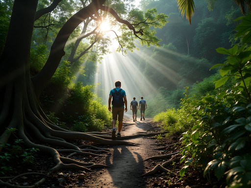Hikers on jungle trail in Tayrona National Park Colombia with morning sunlight filtering through canopy