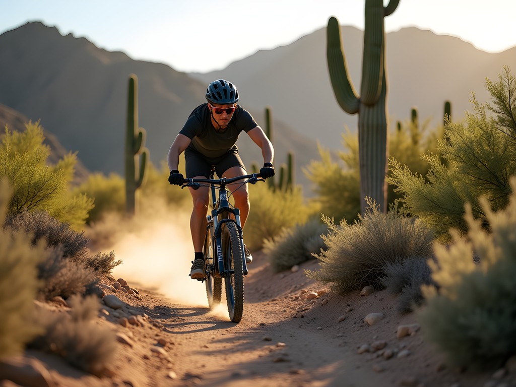 Mountain biker navigating desert single-track trail with saguaro cacti and mountains in background