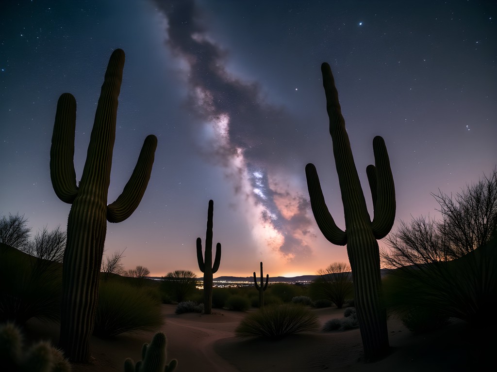 Starry night sky over desert landscape with saguaro cacti silhouettes in Tempe, Arizona