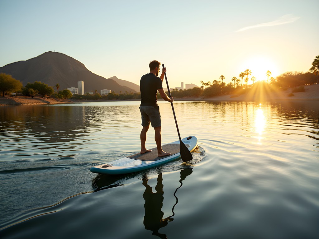 Stand-up paddleboarder on Tempe Town Lake with city skyline and A Mountain in background