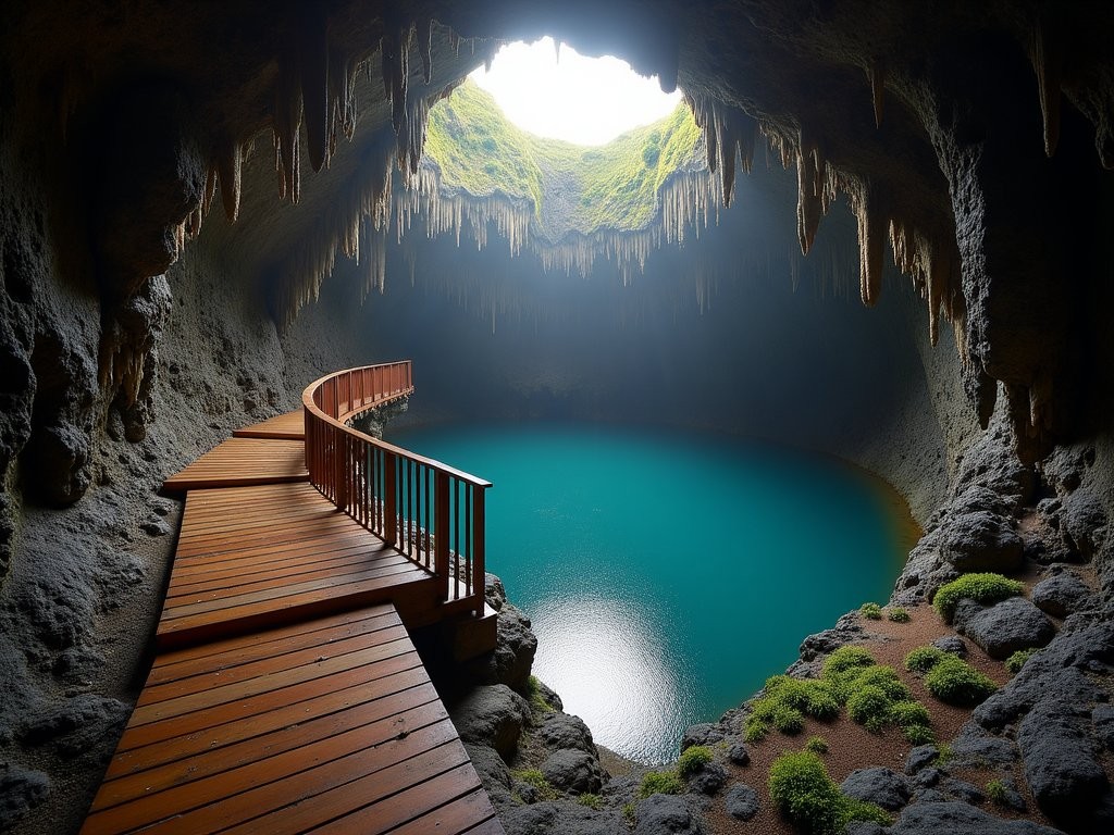 Wooden staircase spiraling down into the volcanic chamber of Algar do Carvão on Terceira Island