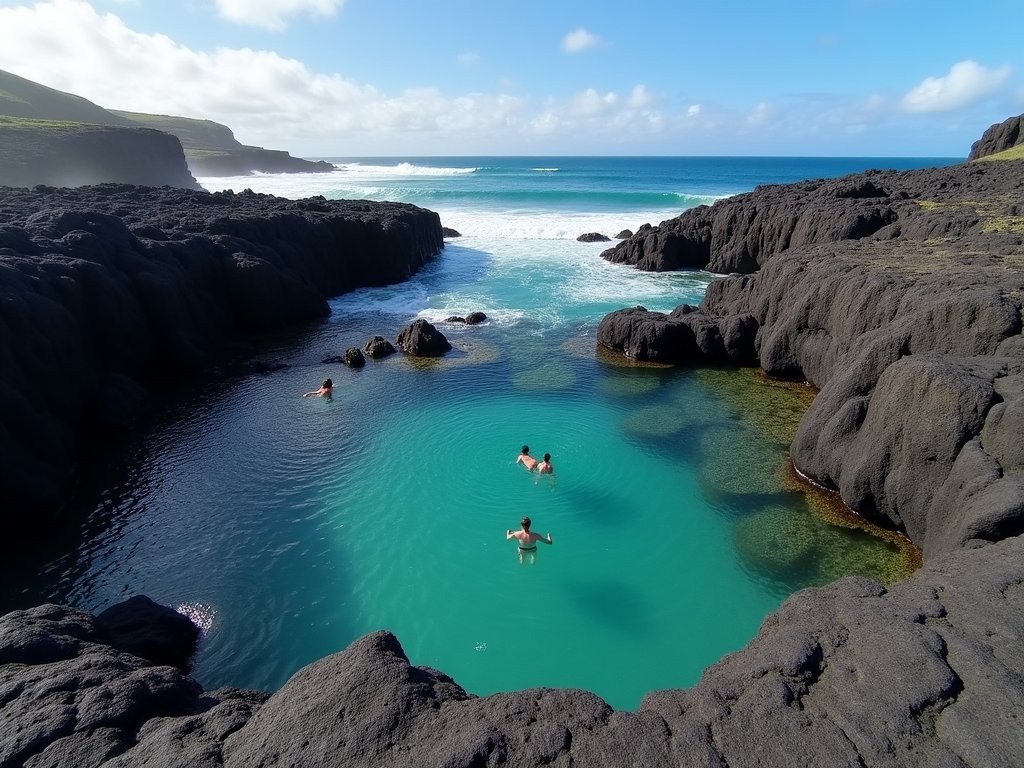 Natural volcanic rock pools at Biscoitos on Terceira Island with turquoise water and crashing Atlantic waves