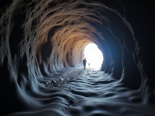 Interior of Gruta do Natal lava tube on Terceira Island with illuminated volcanic formations