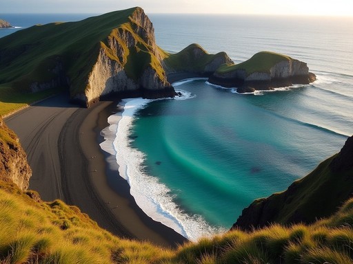 Secluded black sand beach of Praia da Silveira on Terceira Island surrounded by volcanic cliffs