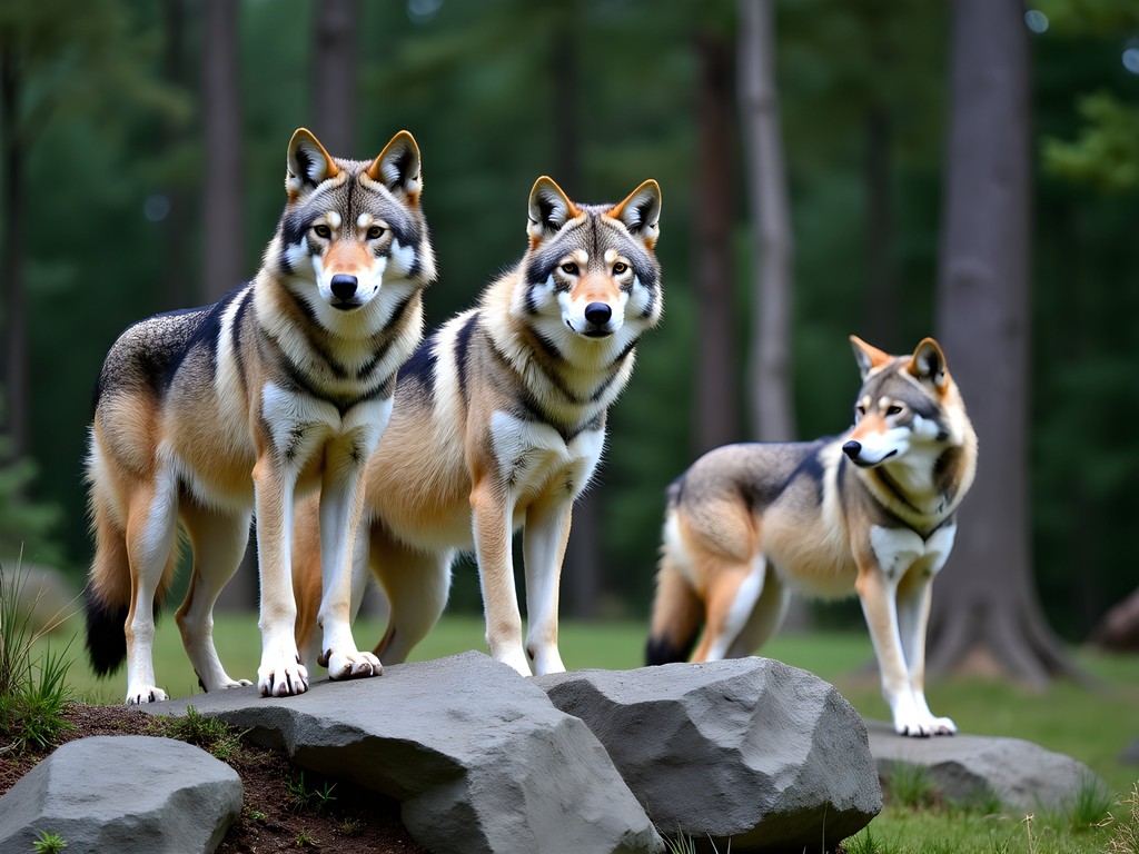 Wolf pack at Cedar Meadows Wildlife Exhibit in natural forest enclosure