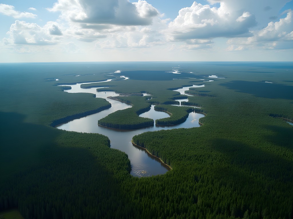 Aerial view of boreal forest and lakes from float plane near Timmins Ontario
