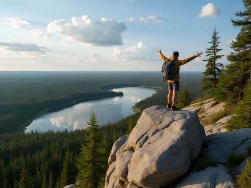 Hiker standing on rocky overlook above Gillies Lake with boreal forest stretching to horizon