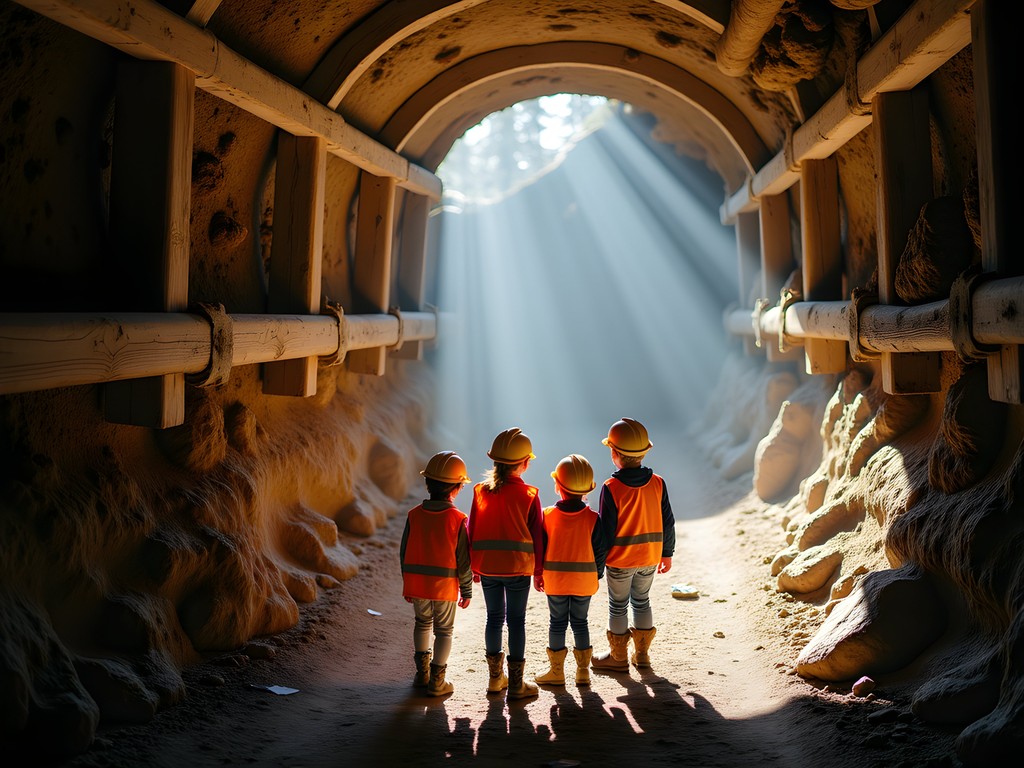 Family wearing hard hats exploring underground tunnel at Hollinger Mine in Timmins Ontario
