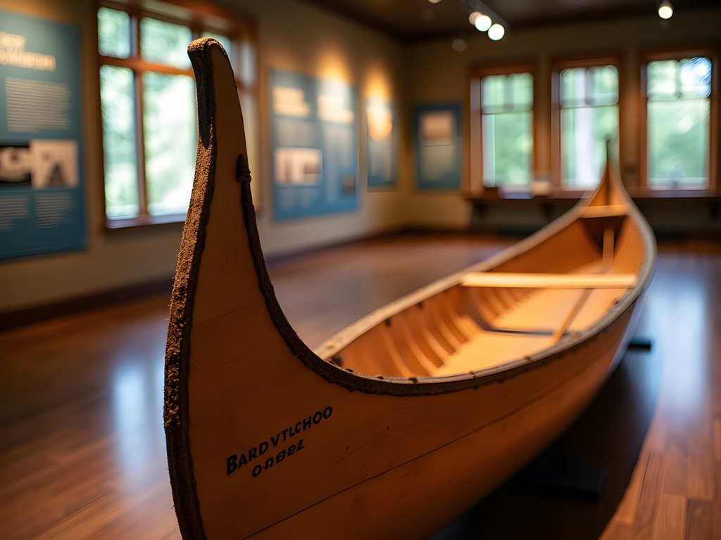 Traditional birchbark canoe display at Timmins Museum showing indigenous craftsmanship
