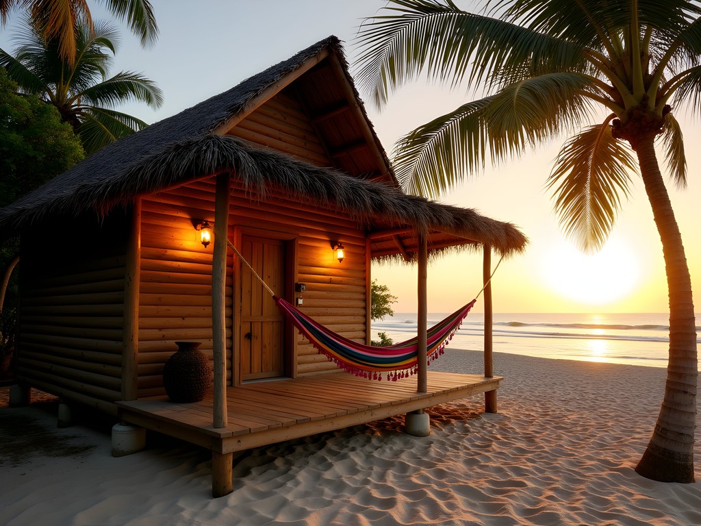 Simple but charming beachfront bungalow with hammock overlooking Tofo Beach at sunset