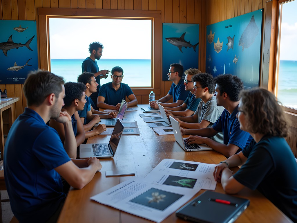 Marine conservation workshop with local researchers and volunteers analyzing data in Tofo
