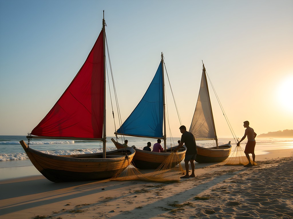 Traditional wooden dhow fishing boats with colorful sails on Tofo Beach at dawn