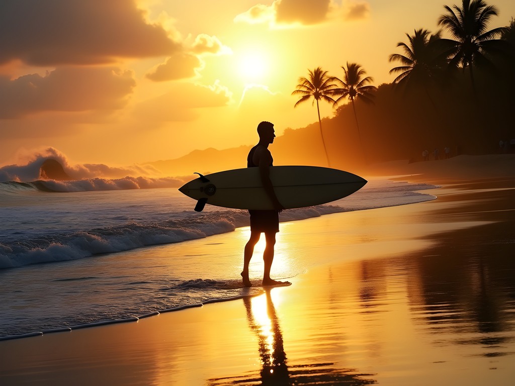 Surfer silhouetted against golden sunrise on Tofo Beach with perfect peeling waves