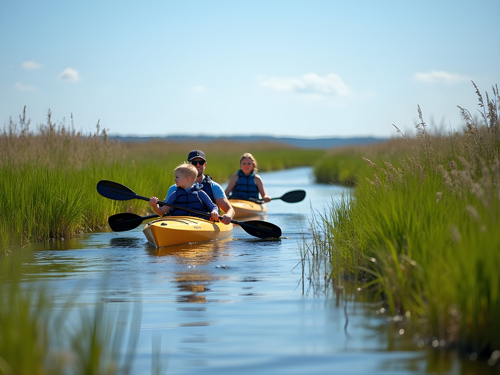 Family kayaking through salt marshes in Barnegat Bay near Toms River