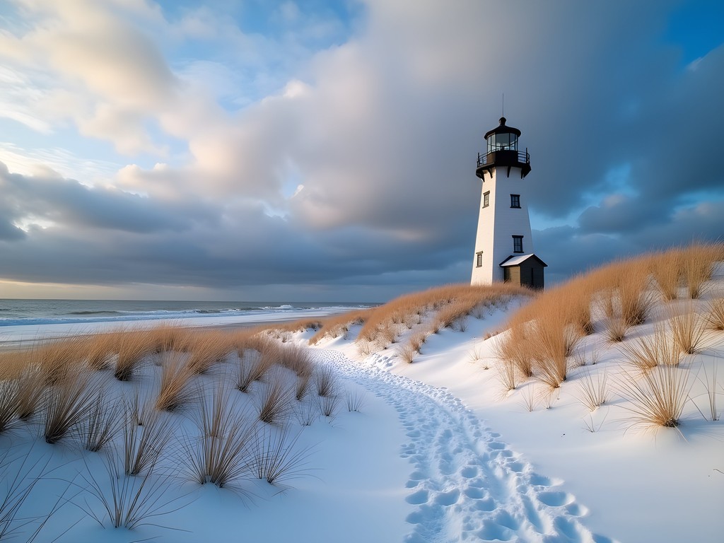 Barnegat Lighthouse in winter with snow-covered dunes and dramatic sky