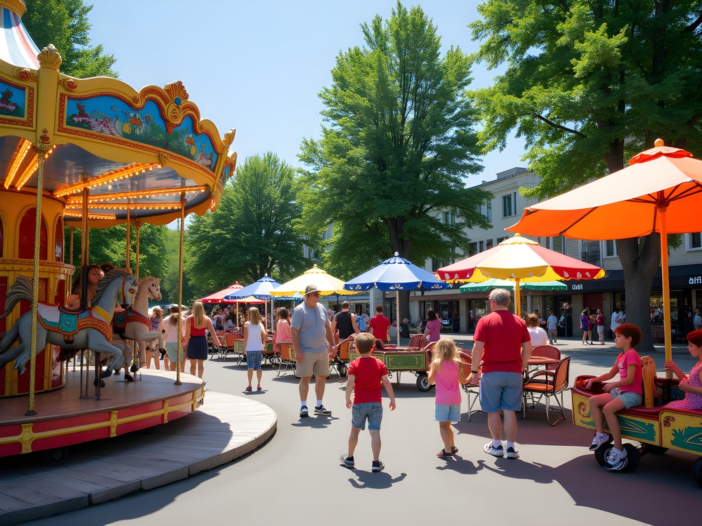 Centreville Amusement Park on Toronto Islands with families enjoying rides