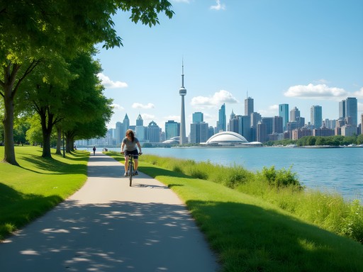 Cycling path on Toronto Islands with CN Tower and skyline view