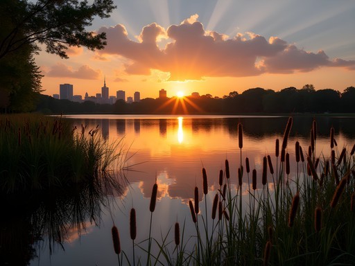 Sunset over Grenadier Pond in High Park with Toronto skyline in distance