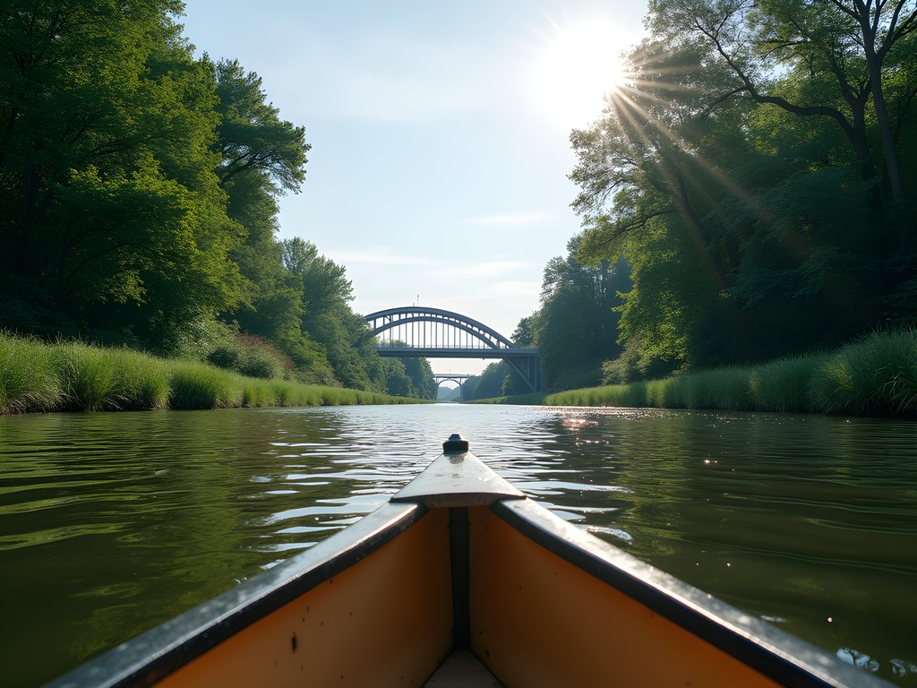 Canoe perspective of Humber River with greenery and Humber Bay Arch Bridge
