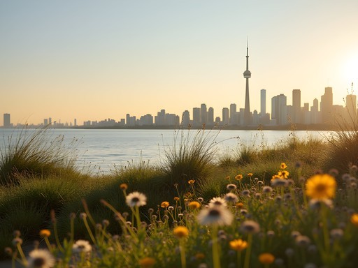 Toronto skyline viewed from naturalized area of Leslie Street Spit with wildflowers in foreground