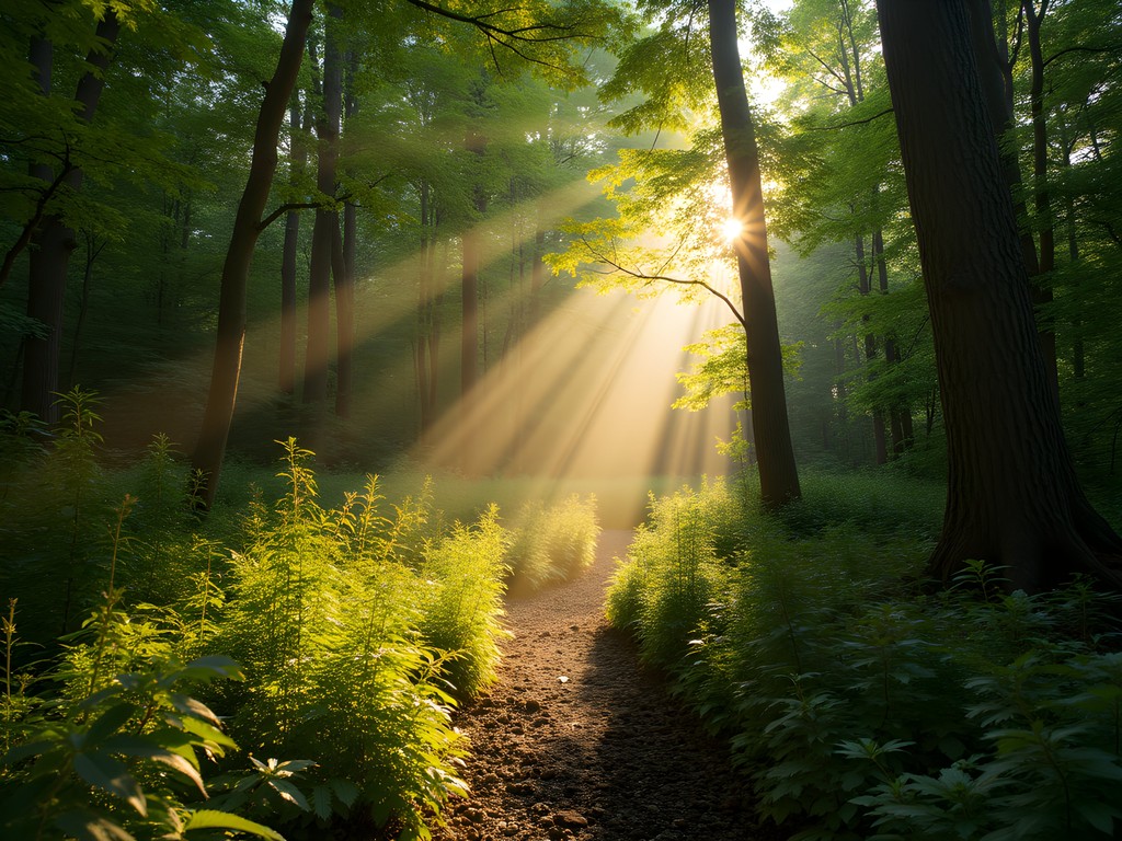 Sunlight filtering through trees on forest trail in Rouge National Urban Park