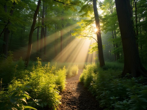 Sunlight filtering through trees on forest trail in Rouge National Urban Park