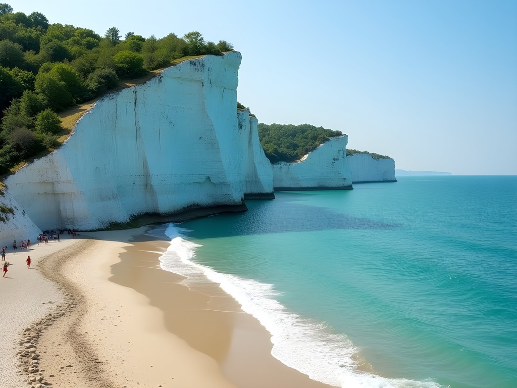 White cliffs of Scarborough Bluffs rising above blue waters of Lake Ontario