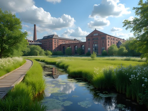 Restored wetlands at Don Valley Brick Works with industrial heritage structures in background
