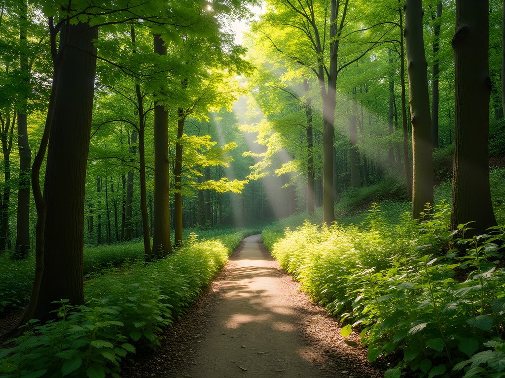 Sunlight filtering through dense forest canopy on hiking trail in Rouge National Urban Park