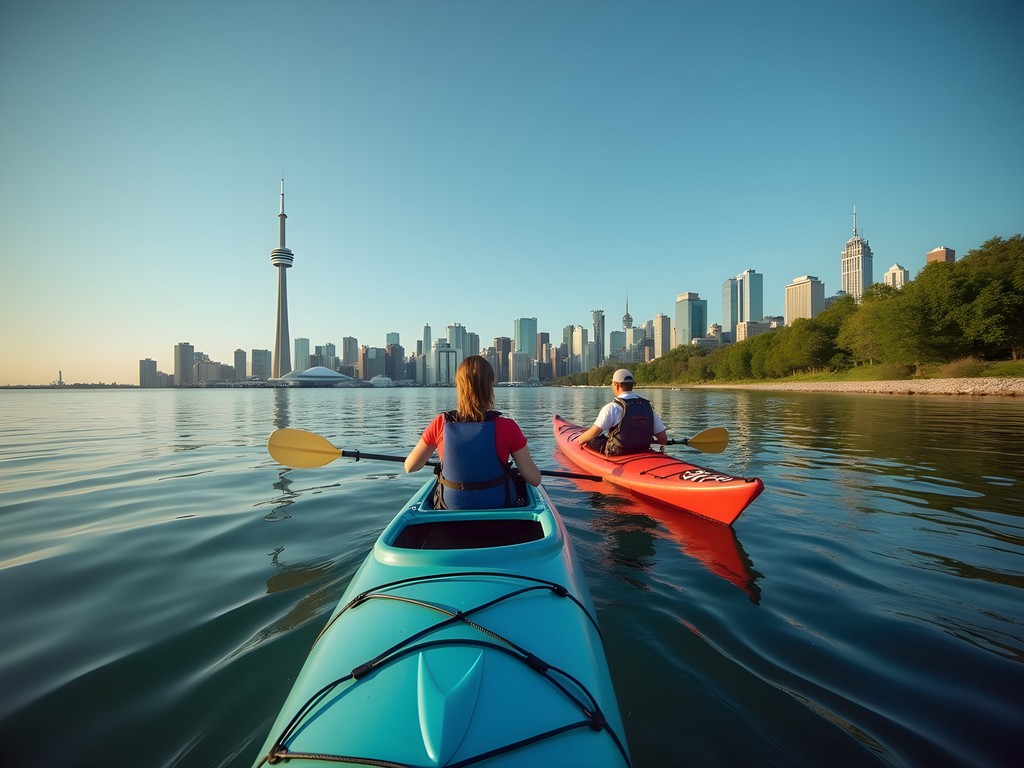 Kayaking near Toronto Islands with dramatic city skyline in background