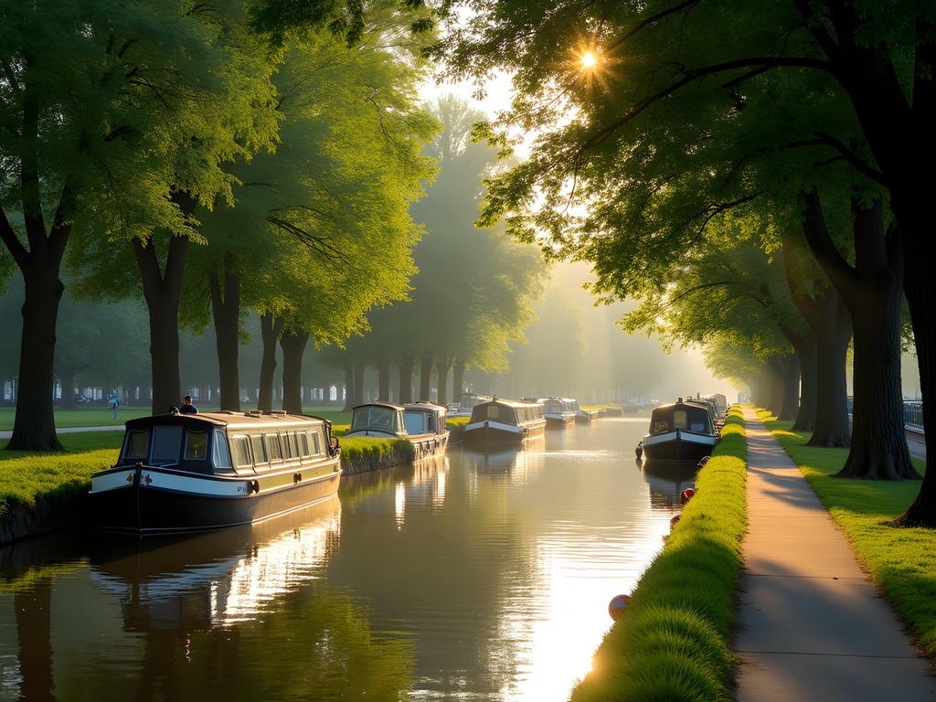 Tree-lined Canal du Midi towpath with runner and boats