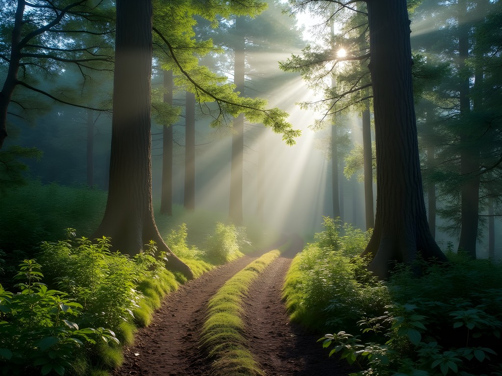 Sunlight filtering through oak trees on forest trail in Forêt de Bouconne