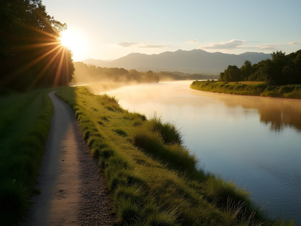 Sunrise over Garonne River with riverside trail and Pyrénées mountains in distance