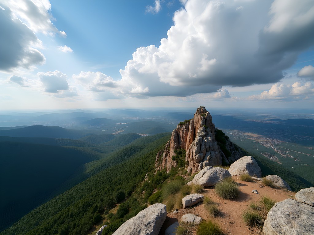 Panoramic view from Pic de Nore summit in Montagne Noire with runner